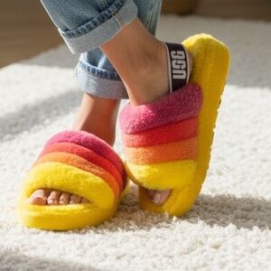 Unbranded women’s size 7 slippers yellow hot pink striped elastic band slip on